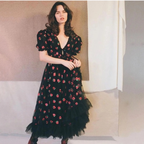 Black Sequin Strawberry Dress Sheer Tulle Goth Princess Gown Puff Sleeve Midi XL - Picture 1 of 10
